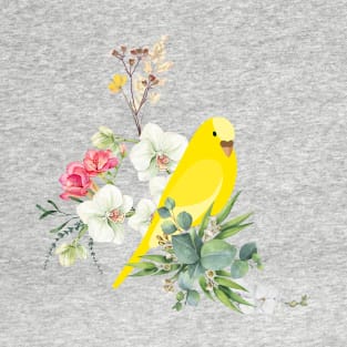 yellow parrot and colorful flowers abstract art T-Shirt